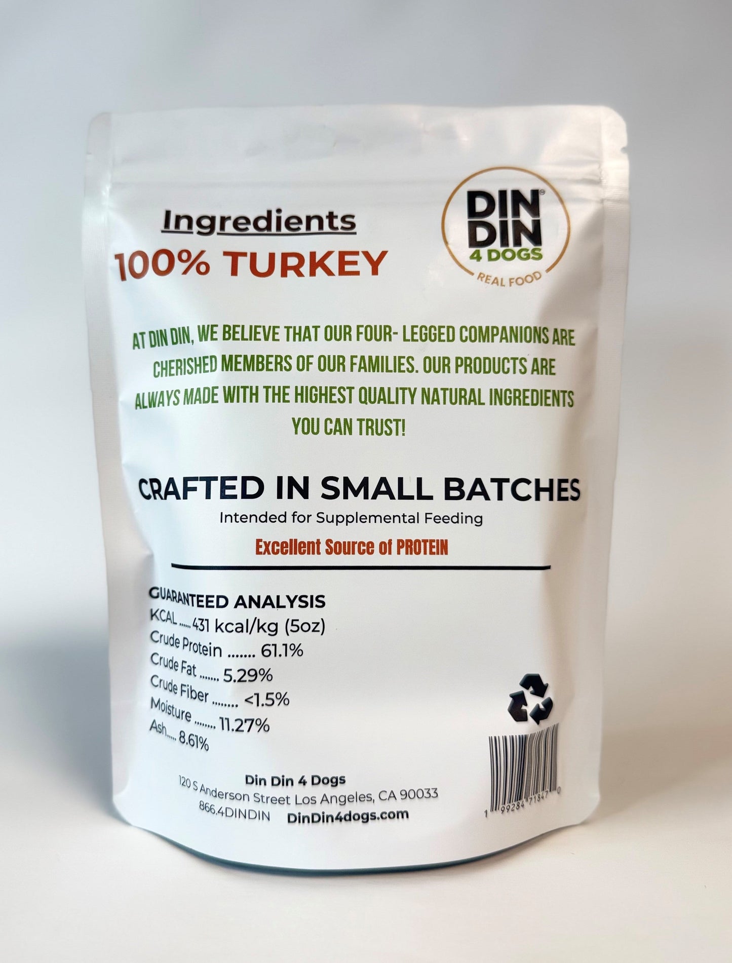 Turkey Dog Treats, 5 Ounce Bag, Single Ingredient, High Protein Treat Din Din 4 Dogs