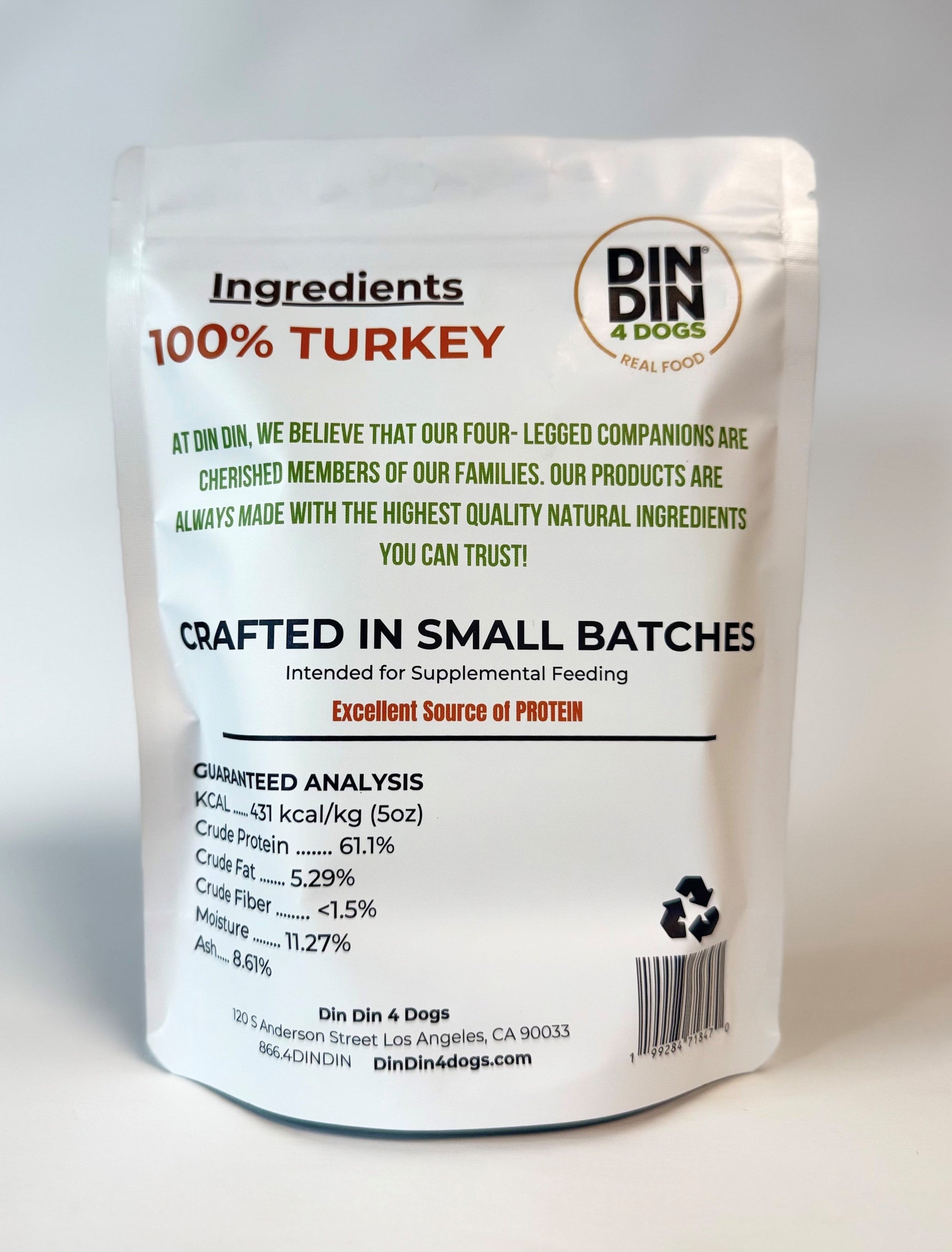 Turkey Dog Treats, 5 Ounce Bag, Single Ingredient, High Protein Treat Din Din 4 Dogs