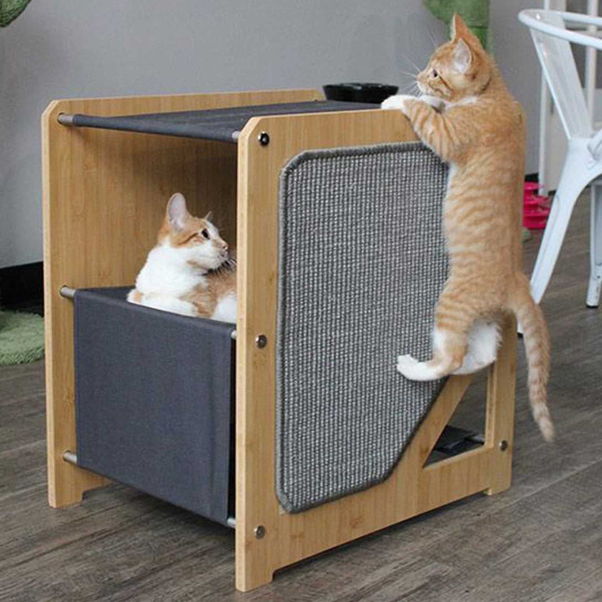 The Grotto - Short Cat Tree for Small Spaces Natural Bamboo Charcoal Gray Canvas Cat Condo Catastrophic Creations